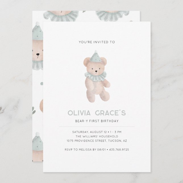 Invitación Teddy Bear Tema Primer Cumpleaños (Anverso / Reverso)