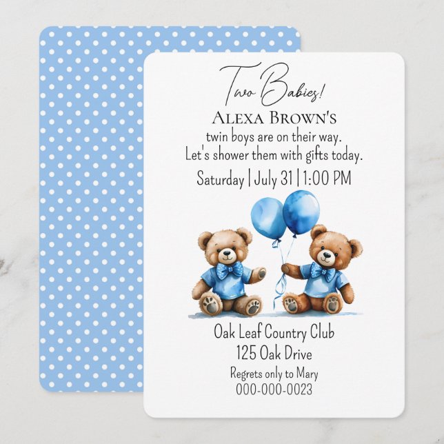 Invitación Teddy Bear Twin Baby Boy Shower (Anverso / Reverso)