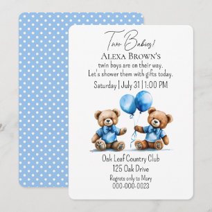 Invitación Teddy Bear Twin Baby Boy Shower
