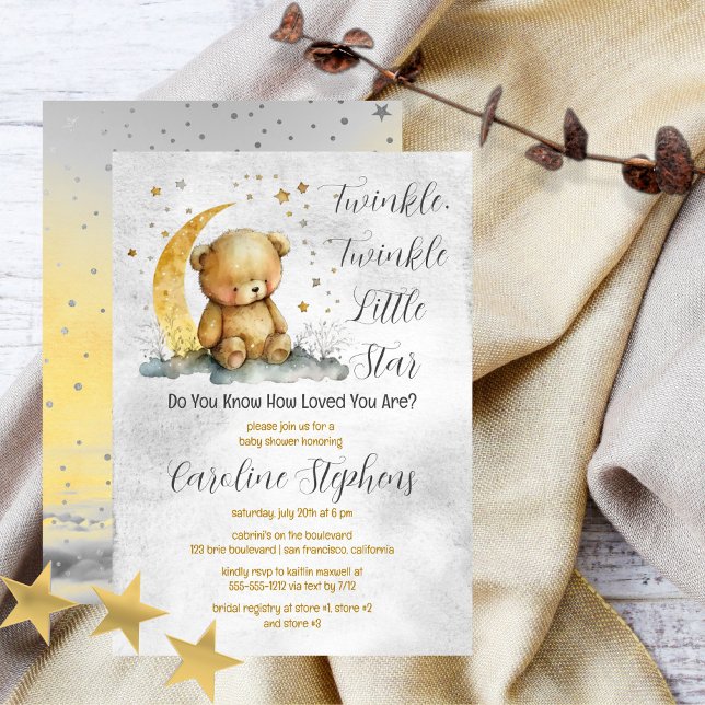Invitación Teddy Bear Twinkle Twinkle Little Star Baby Shower (Create an enchanting baby shower with our Teddy Bear Twinkle Twinkle Little Star collection.  )