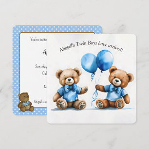 Invitación Teddy Bear Twins Baby Boy Shower