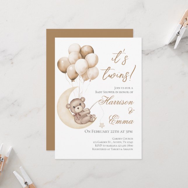 Invitación Teddy Bear Twins Baby Shower (Anverso/Reverso In Situ)