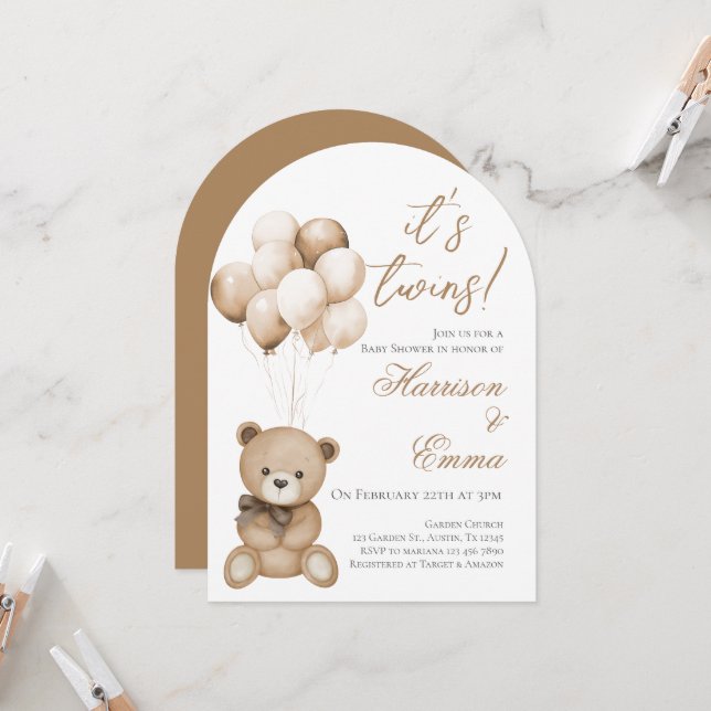Invitación Teddy Bear Twins Baby Shower (Anverso/Reverso In Situ)