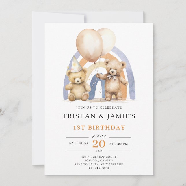 Invitación Teddy Bear Twins primera acuarela de cumpleaños (Anverso)