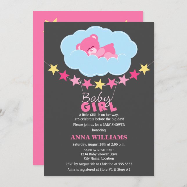 Invitación Teddy Bear, un Chica rosa durmiente en un Baby Sho (Anverso / Reverso)