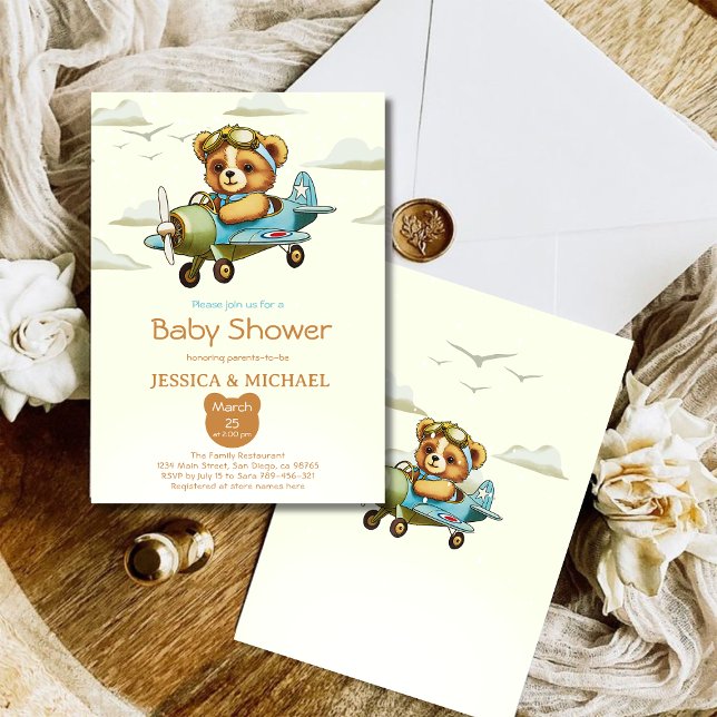 Invitación Teddy Bear un pequeño avión piloto Baby Shower (Teddy Bear Tiny Pilot Airplane Baby Shower Invitation)