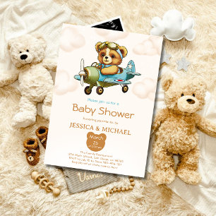 Invitación Teddy Bear un pequeño avión piloto Baby Shower