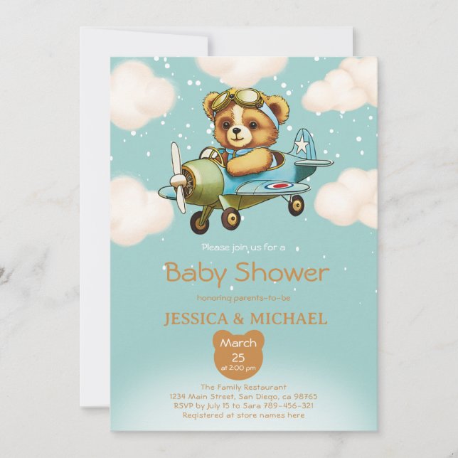Invitación Teddy Bear un pequeño avión piloto Baby Shower (Anverso)