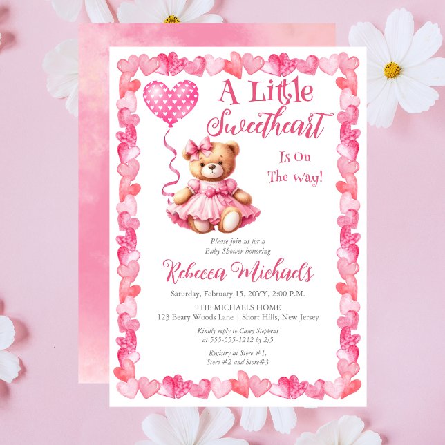 Invitación Teddy Bear Un Poco Querido Chica Baby Shower (Pink Hearts | Teddy Bear "A Little Sweetheart Is On The Way" Girl Baby Shower Invitation)
