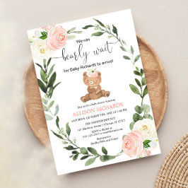 Invitación Teddy Bear verde rosa chica floral ducha bebé