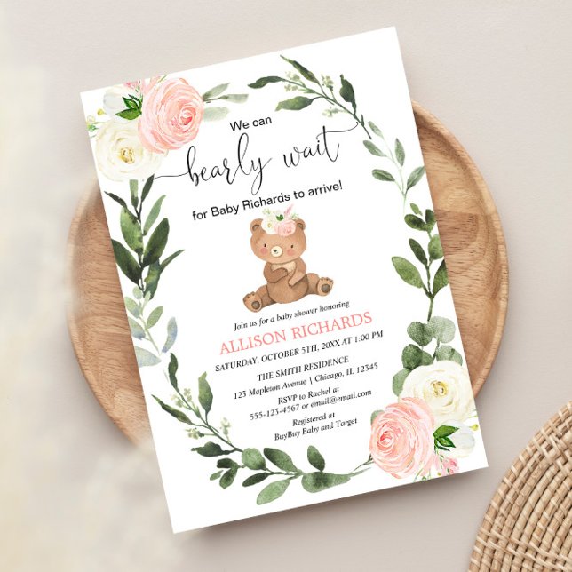 Invitación Teddy Bear verde rosa chica floral ducha bebé (Subido por el creador)