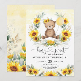 Invitación Teddy Bear Verdor de verano de girasol Chica de cu