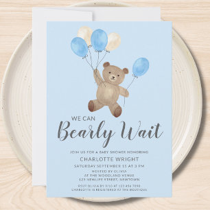 Invitación Teddy Bear We Can Bearly Wait Azul Fiesta de Bebé 
