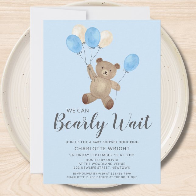Invitación Teddy Bear We Can Bearly Wait Azul Fiesta de Bebé  (Subido por el creador)
