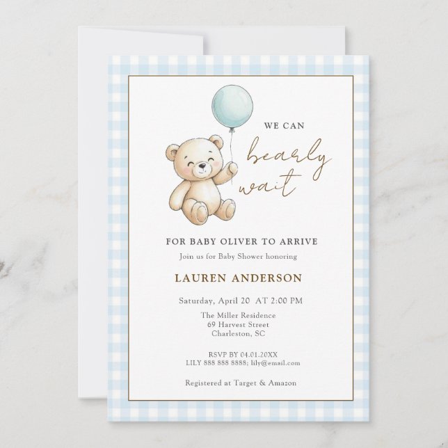 Invitación Teddy Bear We can Bearly wait Boy Baby shower (Anverso)