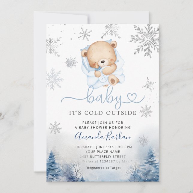 Invitación Teddy Bear Winter snowflakes Blue Boy Baby shower  (Anverso)