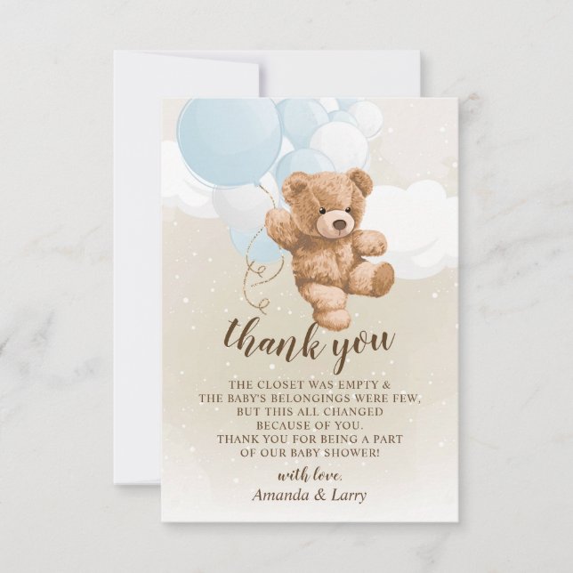 Invitación Teddy Bear with Blue Balloons Thank You Card (Anverso)