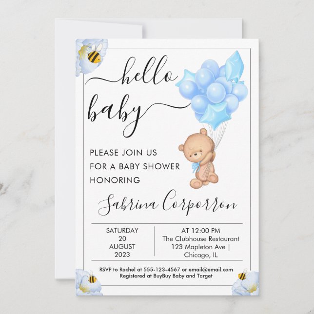 Invitación Teddy Bear y Balloons Boy Ducha bebé (Anverso)