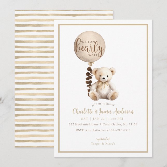Invitación Teddy Bear y Eucalyptus Balloon Baby Shower (Anverso / Reverso)