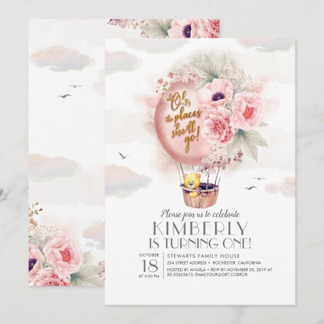 Invitación Teddy Bear y Floral Balón de aire caliente niño cu (Anverso / Reverso)