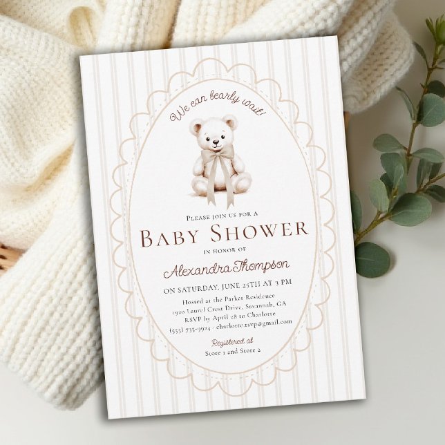 Invitación Teddy Bearly Wait Neutral Stripes Bow Baby Shower (bearly wait baby shower invitation traditional classic nursery decor stripes scallops teddy bear bow)