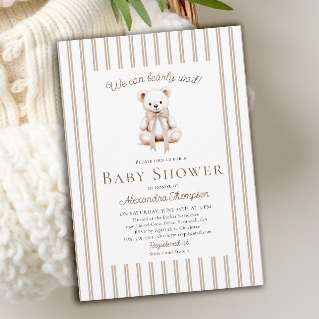 Invitación Teddy Bearly Wait Neutral Tan Stripes Baby Shower (bearly wait baby shower invitation traditional classic nursery stripes teddy bear bow watercolor)