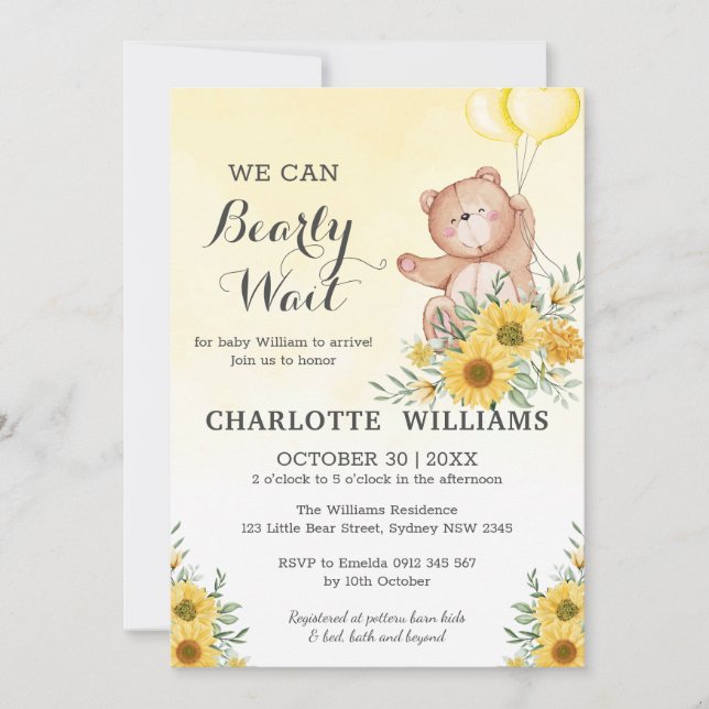 Invitación Teddy Bearly Wait Sunflower Greeneration Baby Show (Anverso)
