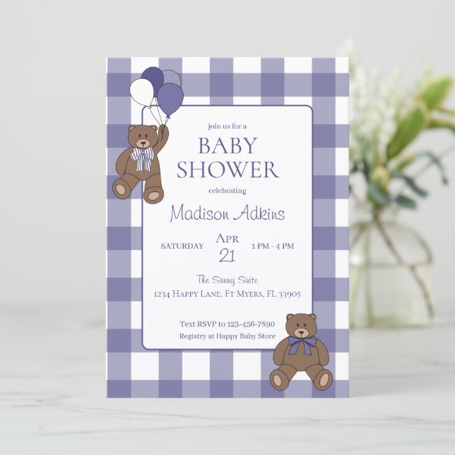 Invitación Teddy Bears Baby Girl Purple and White Baby Shower (Anverso de pie)
