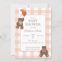 Invitación Teddy Bears Baby Shower Balloons Bows Orange Plaid