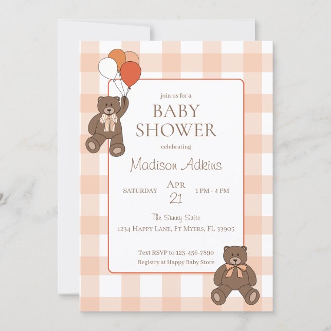 Invitación Teddy Bears Baby Shower Balloons Bows Orange Plaid (Anverso)