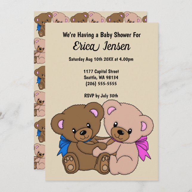 Invitación Teddy Bears Baby Shower & Pattern (Anverso / Reverso)