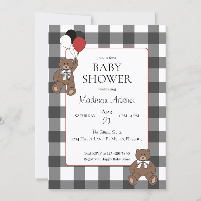Invitación Teddy Bears Black White Buffalo Check Baby Shower (Anverso)