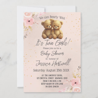Invitación Teddy Bears Twin Girls Baby Shower Invitation