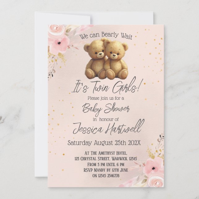 Invitación Teddy Bears Twin Girls Baby Shower Invitation (Anverso)