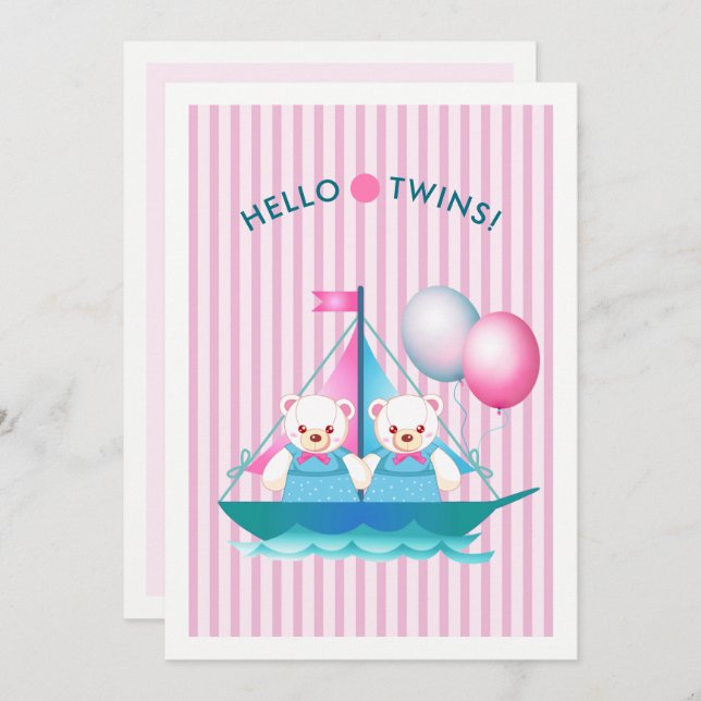 Invitación Teddy Bears Twins Chica Baby Shower (Anverso / Reverso)