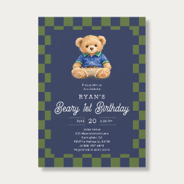 Invitación Teddy Beary 1st Birthday Checkboard Blue Green