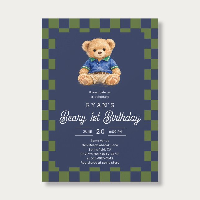 Invitación Teddy Beary 1st Birthday Checkboard Blue Green (Subido por el creador)