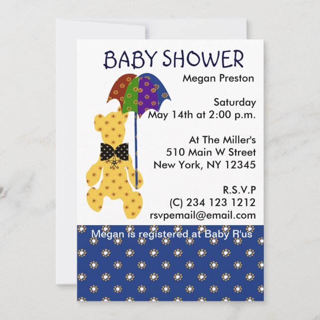 Invitación Teddy con Umbrella Baby Shower (Anverso)