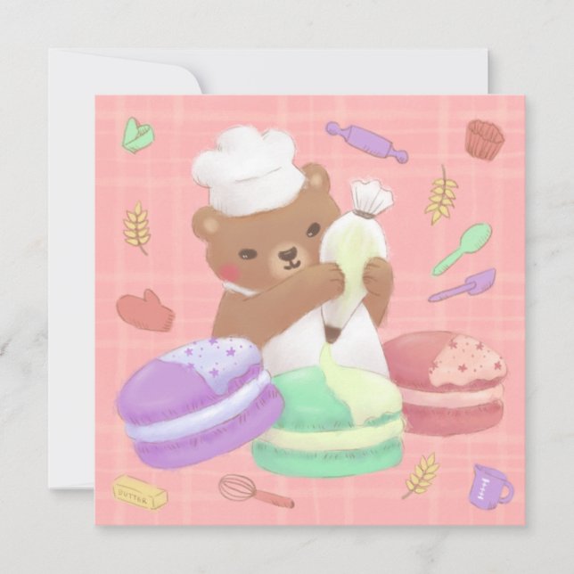 Invitación Teddy el panadero con los macarones (Anverso)