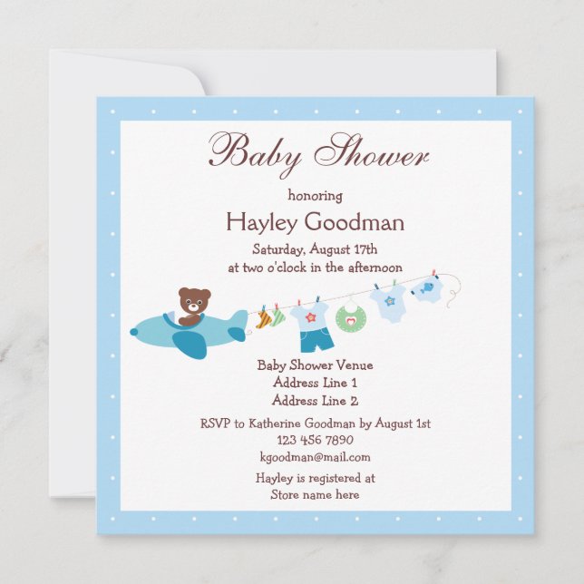 Invitación Teddy en avión y línea azul Baby Shower (Anverso)