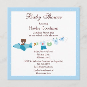 Invitación Teddy en avión y línea azul Baby Shower