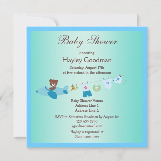 Invitación Teddy en avión y línea azul Baby Shower (Anverso)