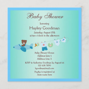 Invitación Teddy en avión y línea azul Baby Shower