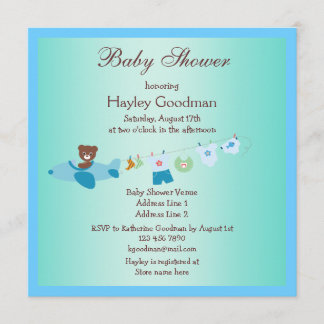 Invitación Teddy en avión y línea azul Baby Shower