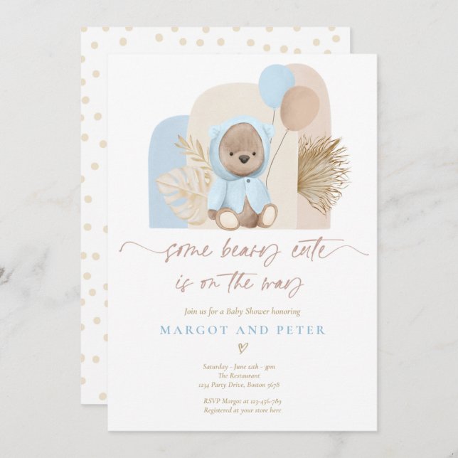 Invitación Teddy Lleva Algún Beary Cute Boho Baby Shower (Anverso / Reverso)