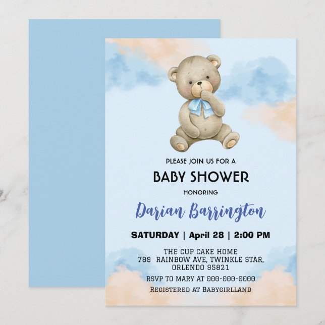 Invitación Teddy Oso Gradiente cielo bebé ducha (Anverso / Reverso)
