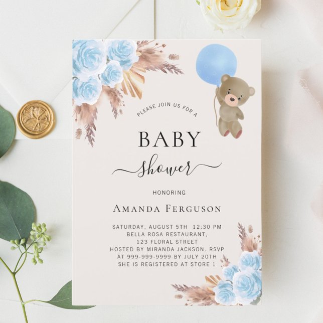 Invitación Teddy oso pampas azul niño floral Baby Shower (Subido por el creador)