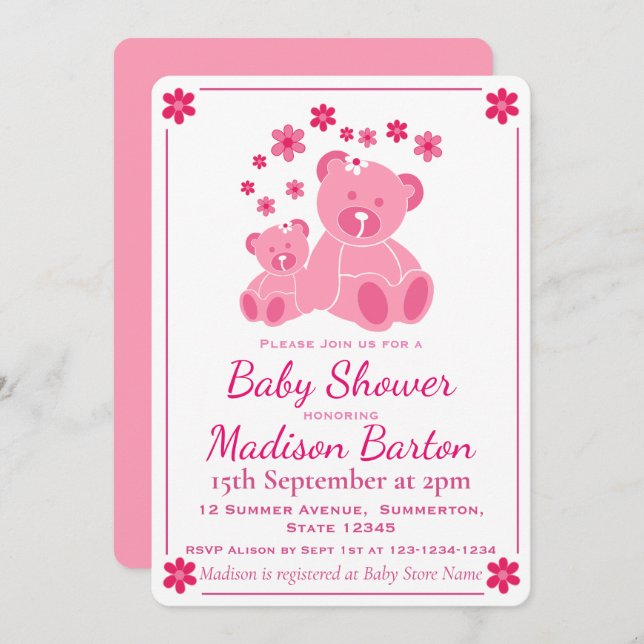 Invitación Teddy Osos Rosa Cuidados Chica Baby Shower (Anverso / Reverso)