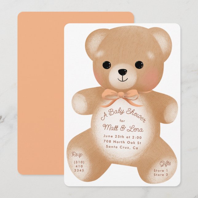Invitación Teddy Peach Bow Baby Shower (Anverso / Reverso)