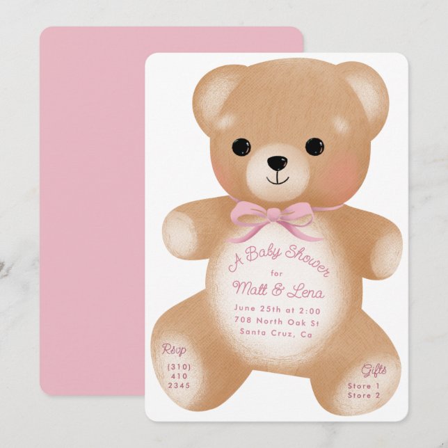 Invitación Teddy Pink Bow Baby Shower (Anverso / Reverso)
